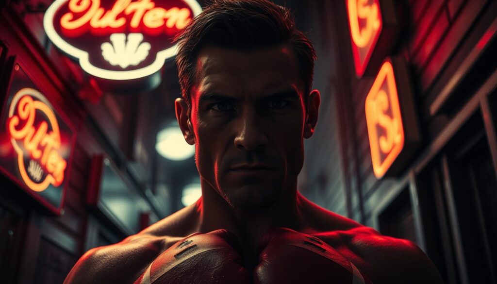 A brooding, weathered boxer stands resolute in a dimly lit alley, his face half-obscured by shadows. Neon signs cast an eerie glow, bathing the scene in an unsettling film noir atmosphere. Crisp, high-contrast lighting highlights the boxer's chiseled features, conveying a sense of determination and melancholy. The camera angle is low, lending a sense of power and gravitas to the subject. The environment is gritty and foreboding, reflecting the character's inner turmoil and the harsh realities of the criminal underworld he inhabits. This iconic image captures the essence of boxing's presence in the noir genre - a story of struggle, redemption, and the pursuit of justice in a world shrouded in darkness.