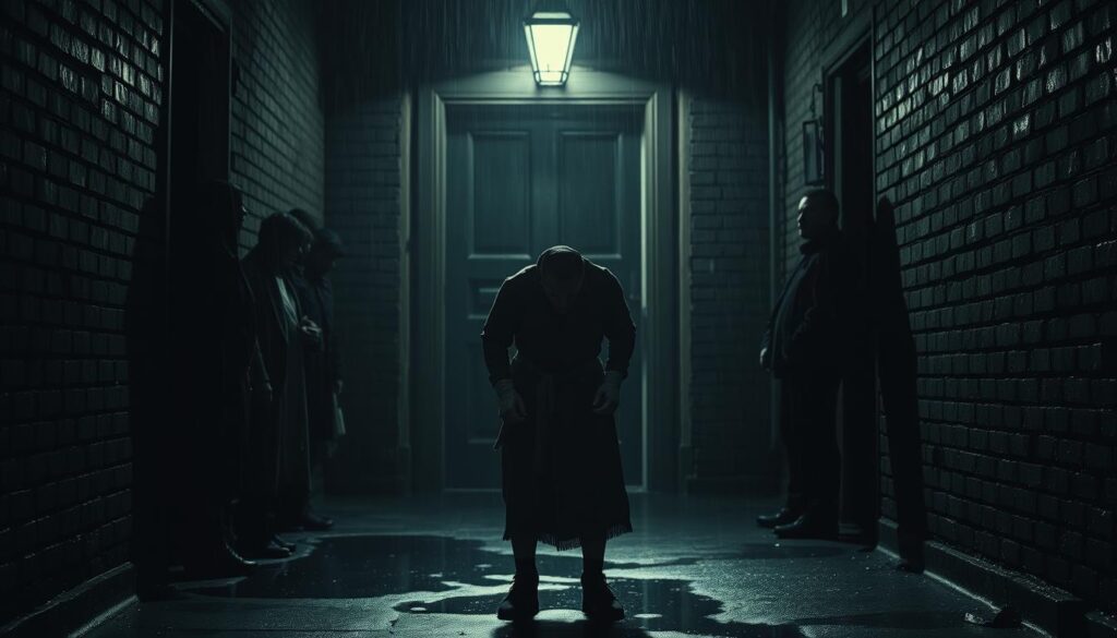 A dark, rain-soaked alleyway. A lone boxer, his face a mask of anguish, stands hunched over a dimly lit doorway. Harsh shadows cast by a flickering streetlamp create a stark, moody atmosphere. In the background, the silhouettes of onlookers gather, their expressions obscured, creating a sense of isolation and despair. The boxer's tattered robe and bandaged hands suggest a life of struggle, while the crumbling brick walls and puddles underfoot evoke a sense of urban decay. The lighting is contrasty, with deep shadows and pools of light, evoking the aesthetic of classic film noir. The overall composition and mood convey a powerful sense of tragedy and the harsh realities faced by those on the margins of society.