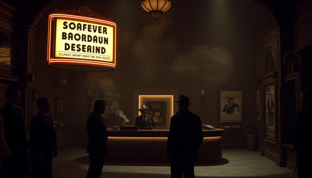 A dimly lit 1940s-style movie theater lobby, hazy with cigarette smoke. The retro marquee casts a warm glow, advertising a classic sports noir film. In the foreground, a group of moviegoers stands talking, their faces half-obscured in shadow. The middle ground features a sleek midcentury modern reception desk, staffed by a fedora-wearing usher. The background showcases vintage movie posters and ornate architectural details, evoking the golden age of cinema. Soft ambient lighting creates a moody, atmospheric feel, while a sense of anticipation and nostalgia permeates the scene.