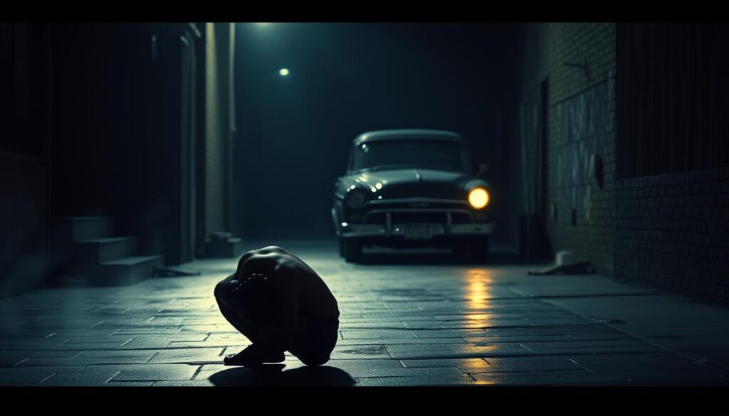 A dimly lit alley, shadows cast by a lone streetlamp. In the foreground, a boxer hunched on the ground, head in hands, overcome with anguish. Hazy, rain-slicked pavement reflects the emotional turmoil. In the middle ground, a vintage sedan with its headlights cutting through the gloom, evoking the isolation and despair of the noir genre. The background shrouded in darkness, a metaphor for the emotional depths plumbed by these tragic sports stories. High-contrast lighting, cinematic angles, and a muted color palette convey the melancholic atmosphere, inviting the viewer to empathize with the character's plight.