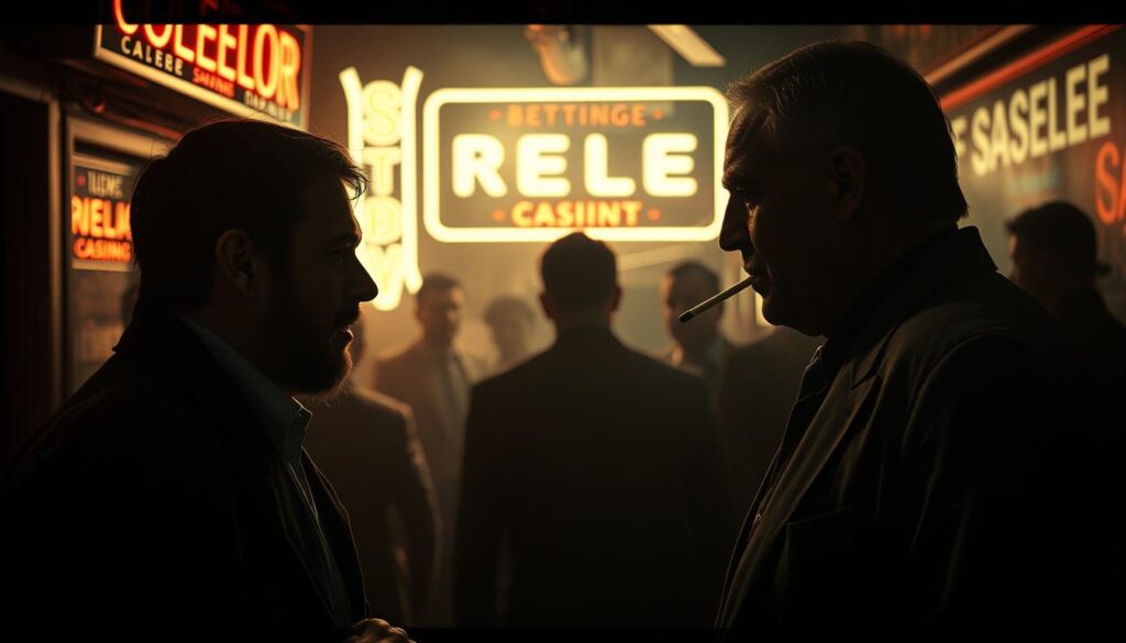 A dimly lit back-alley betting parlor, the air thick with cigarette smoke and the scent of desperation. In the foreground, a tense exchange between two shadowy figures - a desperate gambler and a calculating bookie, their faces illuminated by the flickering neon of a nearby sign. The gambler, eyes hollow with loss, pleads for one more chance, while the bookie's expression betrays a cold, calculating ruthlessness. In the background, the silhouettes of other patrons, their faceless forms a testament to the seedy underbelly of the sports betting world. The scene is bathed in a moody, high-contrast lighting, creating a sense of foreboding and impending doom. The overall atmosphere evokes a classic noir aesthetic, where trust and loyalty are fragile commodities, and the line between victory and defeat is razor-thin.