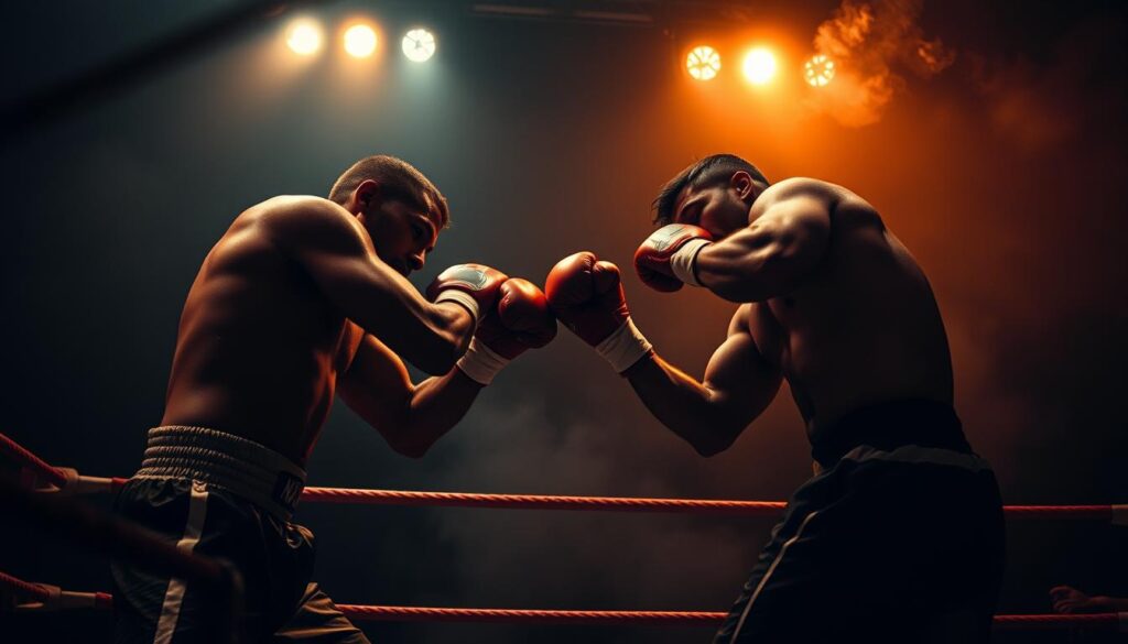 A dimly lit boxing ring in the heart of the city, surrounded by shadows and smoke. The ring lights cast a warm, amber glow, illuminating the sweat-soaked fighters as they exchange blows. The camera angle is low, capturing the raw intensity of the match from the perspective of a ringside spectator. Harsh shadows accentuate the chiseled features and gritty determination of the boxers, while the background remains shrouded in a hazy, atmospheric gloom. The overall mood is one of cinematic drama, where the sport becomes a metaphor for the gritty, unforgiving nature of the urban landscape.
