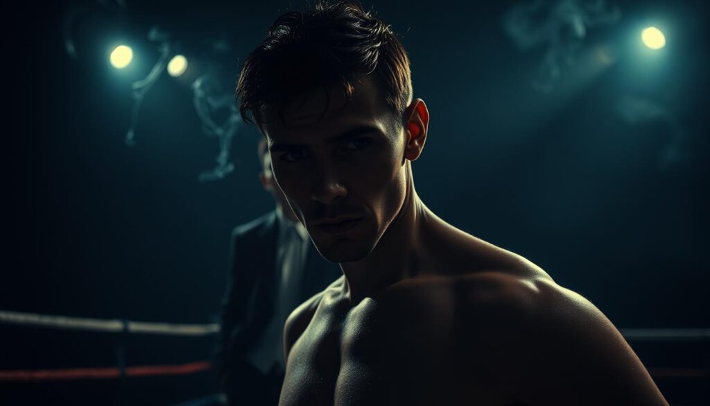 A dimly lit boxing ring, the air thick with cigarette smoke and the scent of desperation. In the foreground, a boxer stands in a classic noir pose, his face half-obscured by shadow, his expression a mix of determination and defeat. Behind him, a shadowy figure, the promoter perhaps, lurks in the background, pulling the strings, manipulating the game. The lighting is harsh, creating deep contrasts and highlighting the gritty, unsavory atmosphere. The camera angle is low, giving a sense of tension and unease, as if the viewer is a witness to a sordid transaction. The overall mood is one of corruption, betrayal, and the harsh realities of the sports world, where fame and fortune are just a facade hiding a much darker truth.