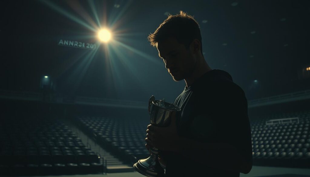 A dimly lit sports arena, cast in the moody shadows of film noir. In the foreground, a lone athlete, their face shrouded in despair, grasping a shattered trophy - a symbol of their tragic downfall. The middle ground reveals a tense confrontation, shadows looming over the athlete, hinting at the consequences of their actions. The background is a maze of empty seats, casting an eerie, abandoned atmosphere, as if the world has turned its back on this fallen hero. Cinematic lighting casts harsh contrasts, creating a somber, introspective mood. A lens flare catches the athlete's gaze, a glimmer of hope amidst the darkness, hinting at the possibility of redemption.