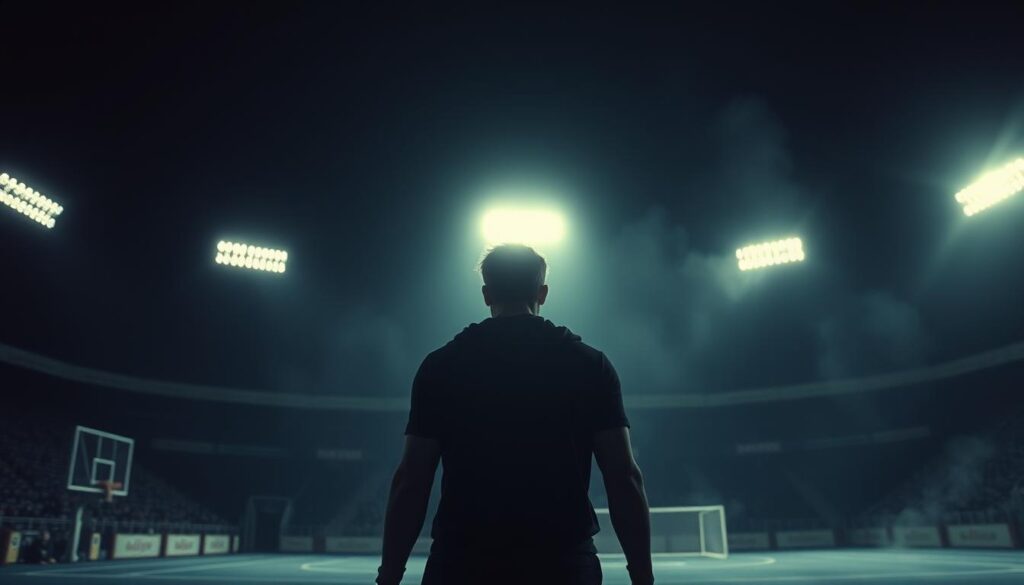 A dimly lit sports arena, the air thick with tension. In the center, a lone figure stands, the weight of the world on their shoulders. Shadows dance across their face, a portrait of anguish and determination. The lighting is low-key, casting dramatic contrasts, a classic film noir aesthetic. The background is hazy, obscured by the smoke of a bygone era, a sense of melancholy pervading the scene. The camera angle is low, looking up at the protagonist, amplifying the sense of isolation and struggle. This is the world of "The Tension: Sport as Survival," where the game is a matter of life and death, and the stakes have never been higher.