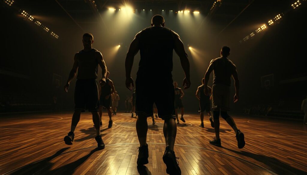 A dimly lit sports arena, the players' movements casting dramatic shadows on the hardwood floor. Dramatic chiaroscuro lighting, with pools of warm light and deep, inky blackness. A high-contrast, noir-inspired aesthetic, enhanced by the cinematic camera angle - a low, moody perspective that emphasizes the towering presence of the athletes. Crisp, contrasty highlights on sweat-glistened skin, accentuating the muscular physiques. Dramatic use of negative space, with the players almost silhouetted against the shadowy background. An atmosphere of tension and mystery, evoking the classic sports-themed noir films of the past.