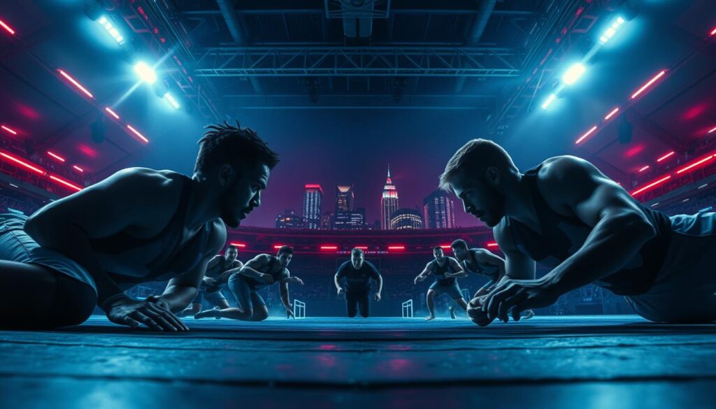 A neon-soaked sports arena bathed in shadowy contrasts, where sleek athletes engage in a high-stakes game shrouded in mystery. Moody lighting casts an ominous glow, as the camera captures the tension-filled action through a stylized, low-angle lens. Gritty textures and a palette of deep blues, reds, and grays evoke the neo-noir aesthetic, while the players' intense expressions hint at hidden agendas and personal demons. In the background, the city skyline looms, a constant reminder of the larger forces at play. This is the modern adaptation of the sports genre tropes, where the line between victory and corruption blurs, and the only way to win is to embrace the darkness.