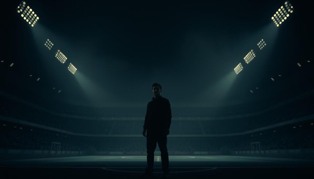 A noir-tinged sports arena, dimly lit with a somber, melancholic atmosphere. In the foreground, a solitary figure stands, their face partially obscured in shadow, radiating a sense of moral conflict and inner turmoil. Mid-ground, the figure is situated against a backdrop of blurred, stylized spectators, hinting at the pressures and expectations of the sporting world. The background is hazy, with muted tones and a sense of uncertainty, emphasizing the character's struggle to navigate the moral complexities of their environment. The lighting is dramatic, casting sharp contrasts and deep shadows, evoking a sense of moral ambiguity and the weight of conscience. The overall composition and aesthetic aim to capture the essence of the "moral conscience" archetype within the sports noir genre.