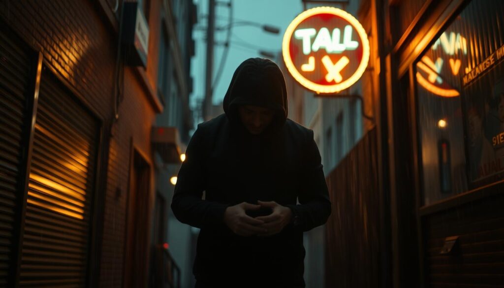 A rain-soaked urban alley, dimly lit by a flickering neon sign. In the foreground, a solitary figure stands, head bowed, hands clenched in a moment of introspection. The background reveals a shadowy cityscape, hinting at a past rife with struggle and a newfound path towards redemption. Warm, golden light seeps in from an unseen source, casting a glimmer of hope amidst the noir-esque atmosphere. The scene is captured through a wide-angle lens, emphasizing the character's isolation and the weight of their decision. A moody, cinematic treatment pervades the image, inviting the viewer to ponder the narrative of a soul in transition.