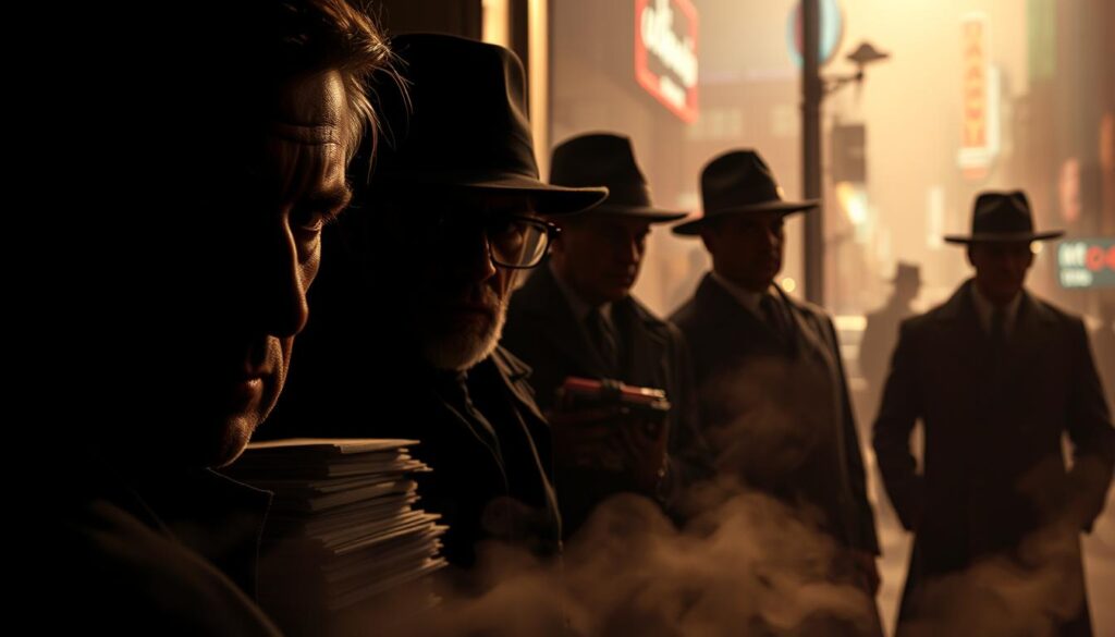 A shadowy group of noir sports genre directors, their weathered faces half-obscured in moody chiaroscuro lighting. In the foreground, a tight close-up captures their intense gazes, conveying the hardboiled mystery and moral ambiguity of their craft. The middle ground reveals their silhouettes, huddled together in a smoky, dimly lit room, surrounded by the trappings of their trade - stacks of scripts, reels of film, and the ever-present fedoras and trenchcoats. In the hazy background, the neon-drenched streets of a gritty, post-war city set the stage for their cinematic visions, where triumph and tragedy intertwine in a symphony of shadows.