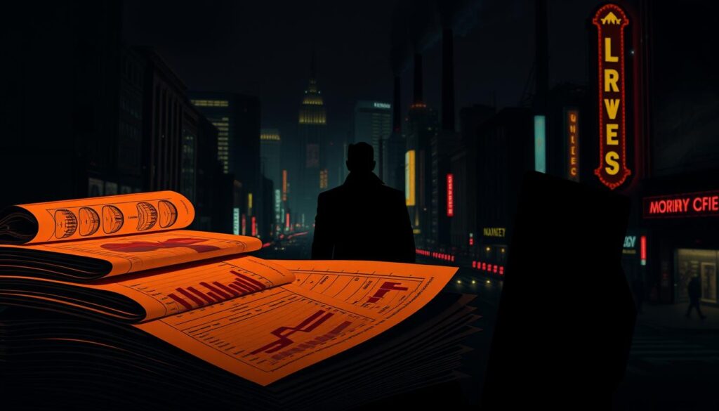 A stylized film noir-inspired visualization of box office and critical trends analysis, set against a dimly lit, shadowy cityscape. In the foreground, a stack of ledgers, charts, and financial documents cast in a warm, amber glow, hinting at the complexities of the industry. In the middle ground, a lone figure, silhouetted and brooding, studies the data, their face half-obscured by shadows. In the background, the neon-soaked streets of a bustling city at night, skyscrapers and smokestacks casting long, ominous shadows. The overall mood is one of intrigue, mystery, and the high-stakes world of Hollywood box office performance.