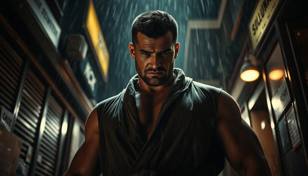 A brooding, muscular figure stands in a dimly lit, rain-soaked alley, the harsh shadows accentuating his chiseled features. He wears a tattered, old-fashioned boxing robe, his brow furrowed in a pensive gaze, hinting at a troubled past. The moody, high-contrast lighting casts a somber, film noir atmosphere, as if he's a boxer past his prime, haunted by the ghosts of his former glory. The camera angle is low, emphasizing his imposing, statuesque presence, while the cluttered, gritty backdrop suggests a world-weary, hardscrabble existence. This is the brooding champion archetype, a once-dominant force now grappling with the weight of his legacy.