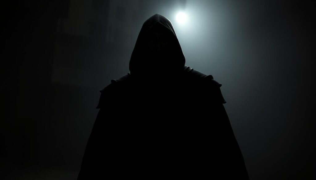 A brooding, shadowy figure stands resolute, the weight of the world upon their shoulders. Stark contrasts of light and dark, with a chiaroscuro aesthetic that evokes the classic film noir style. The hero's face is obscured, their gaze intense and unwavering, conveying a sense of determination and quiet power. The background is hazy, a blend of urban decay and moody atmosphere, creating a sense of isolation and foreboding. A single spotlight illuminates the protagonist, casting dramatic shadows that stretch across the frame. The camera angle is low, lending an air of gravitas and emphasizing the champion's imposing presence. This is a scene of quiet contemplation, where the true drama lies in the character's internal struggle and the weight of their role as the hero.