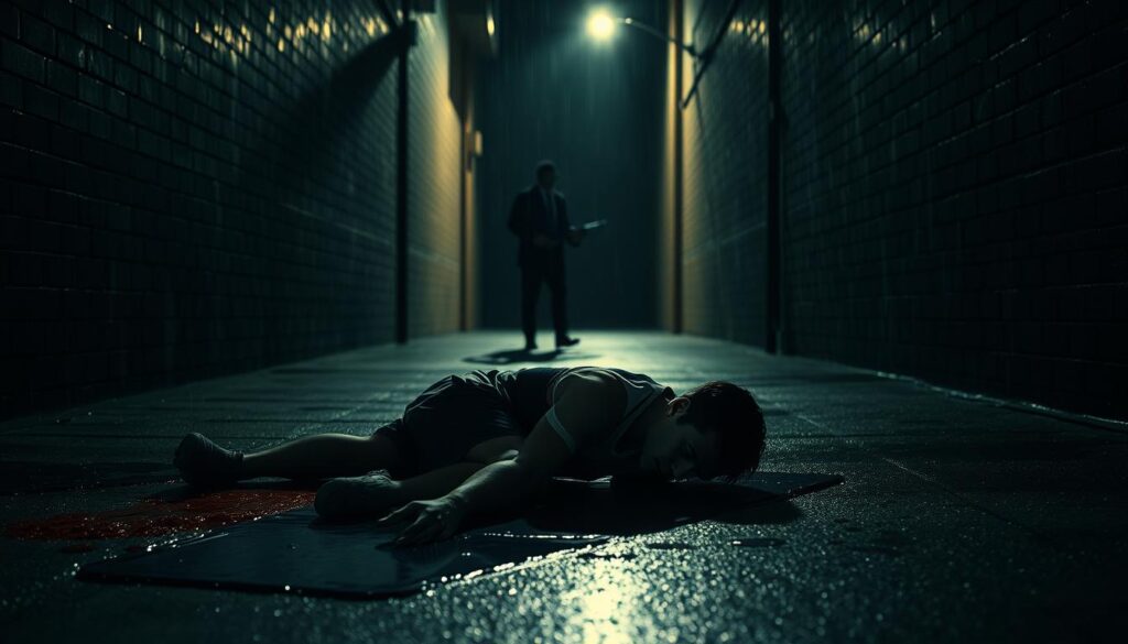 A dimly lit alley, rain-slicked pavement glistening under a single streetlight. In the foreground, a fallen figure shrouded in shadows, his sports jersey a testament to a once-promising career now in ruins. Pools of blood mingle with puddles, hinting at a violent end to his downfall. In the middle ground, a shadowy figure retreats, their face obscured, holding a weapon - the tool of this sports noir tragedy. The background fades into an impenetrable darkness, a metaphor for the depths of corruption and despair that have consumed this fallen athlete.