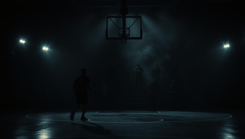 A dimly lit basketball court, shadows casting a noirish atmosphere. In the foreground, a lone player dribbles the ball, their face obscured in shadow. The middle ground features spectators in fedoras and trenchcoats, watching intently from the bleachers. In the background, a smoky haze fills the air, and a single spotlight illuminates the court's center circle. The lighting is dramatic, with high contrast and deep shadows, evoking the classic aesthetic of film noir. The overall scene conveys a sense of gritty tension and foreboding, reflecting the "Sports Noir" genre and its place in the classic noir canon.
