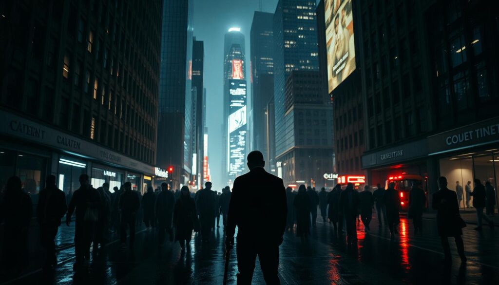 A dimly lit city street, rain-soaked and neon-lit, sets the stage for a gritty societal critique. In the foreground, a lone figure stands, shoulders hunched, casting a long shadow that extends into the middle ground, where a crowd of faceless silhouettes mill about, their movements suggestive of indifference and isolation. In the background, towering skyscrapers loom, their windows casting a cold, impersonal glow. The scene is bathed in a moody, high-contrast lighting, evoking a sense of unease and underlying tension. The overall atmosphere conveys a commentary on the disconnection and dehumanization of modern urban life.