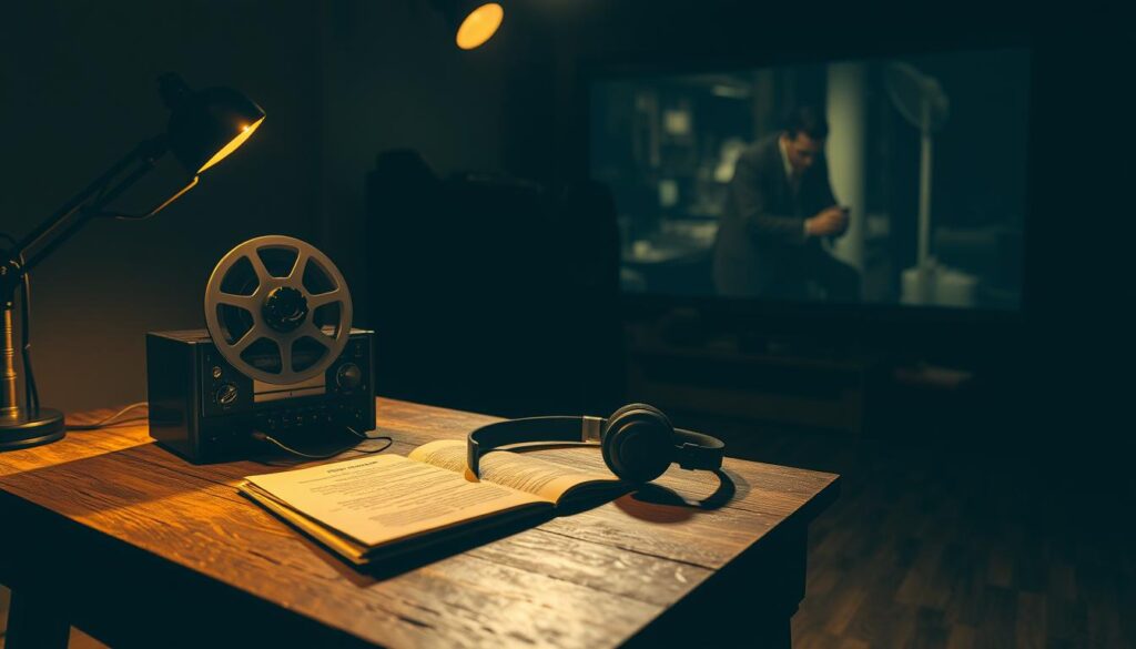 A dimly lit film studio, shadows cast across the scene. On a weathered wooden desk, a vintage reel-to-reel tape recorder and a pair of headphones sit alongside a weathered script. Soft amber lighting illuminates the setup, creating a pensive, introspective atmosphere. In the background, a large movie screen displays a classic noir film, its flickering images casting a moody glow over the room. The overall composition evokes a sense of thoughtful analysis, where the audio and visual elements of the noir genre converge to reveal deeper insights.