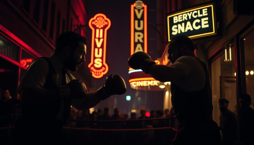 A dimly lit, gritty city street at night, with shadows casting an atmospheric noir ambiance. In the foreground, two boxers in classic 1940s-style attire are engaged in a tense, hard-hitting match, their faces partially obscured by dramatic lighting. Behind them, a neon sign for a vintage cinema casts a vibrant glow, hinting at a bygone era of classic sports movies. The background is filled with the silhouettes of spectators, adding to the sense of drama and intensity. The image is shot with a shallow depth of field, focusing the viewer's attention on the central action while suggesting the broader context of the vintage sports movie genre.