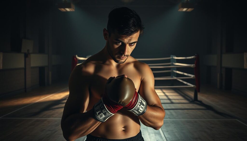 A dimly lit gymnasium, shadows cast across the worn wooden floors. A lone boxer, brow furrowed in concentration, wraps his calloused hands, preparing for a match. Dramatic chiaroscuro lighting accentuates the angular planes of his face, evoking the gritty aesthetics of classic film noir. In the background, a vintage boxing ring stands ready, its ropes taut and the canvas scuffed, a testament to the battles fought within. The atmosphere is thick with tension, the air heavy with the scent of sweat and determination. This is the stage for a classic sports drama, where the stakes are high and the struggle for redemption is etched into every movement.