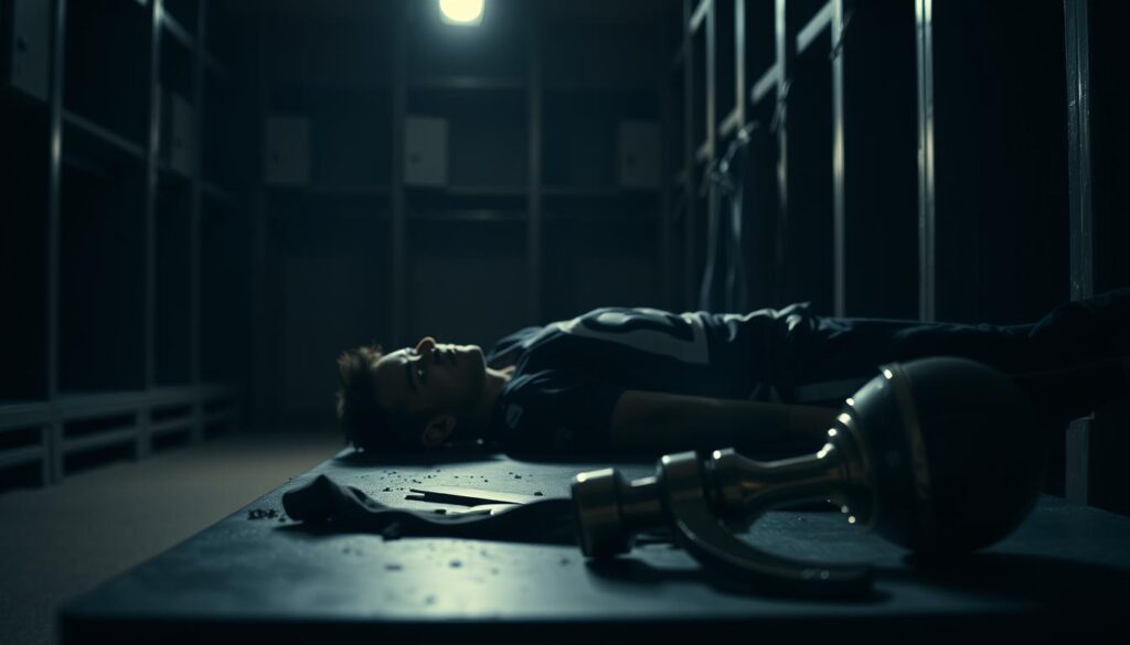 A dimly lit locker room, the air thick with tension. A fallen athlete lies on the bench, their face cast in deep shadow, a single spotlight illuminating their anguished expression. In the foreground, a tattered jersey and a shattered trophy hint at the tragedy that has unfolded. The background is a blur of muted tones, suggesting a sense of despair and isolation. The lighting is dramatic, with harsh contrasts and a moody, film noir aesthetic that amplifies the emotional weight of the scene. The overall composition evokes a sense of melancholy and the bittersweet reality of the price that comes with pursuing greatness in the world of sports.