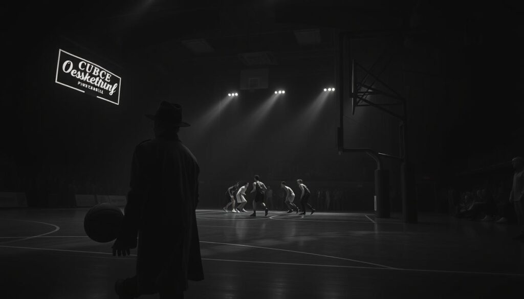 A dimly lit sports arena, shadows creeping across the court. In the foreground, a lone figure dribbles a basketball, their face obscured by a fedora, trenchcoat billowing. Overhead, neon signs flicker, casting an ominous glow. The middle ground reveals players locked in an intense match, their movements heightened, the stakes palpable. In the background, a crowd watches, their expressions shrouded in mystery. The scene is saturated with a moody, cinematic quality, evoking the atmosphere of a classic noir film. Dramatic chiaroscuro lighting, a high-contrast black-and-white palette, and a sense of ominous foreboding permeate the image.