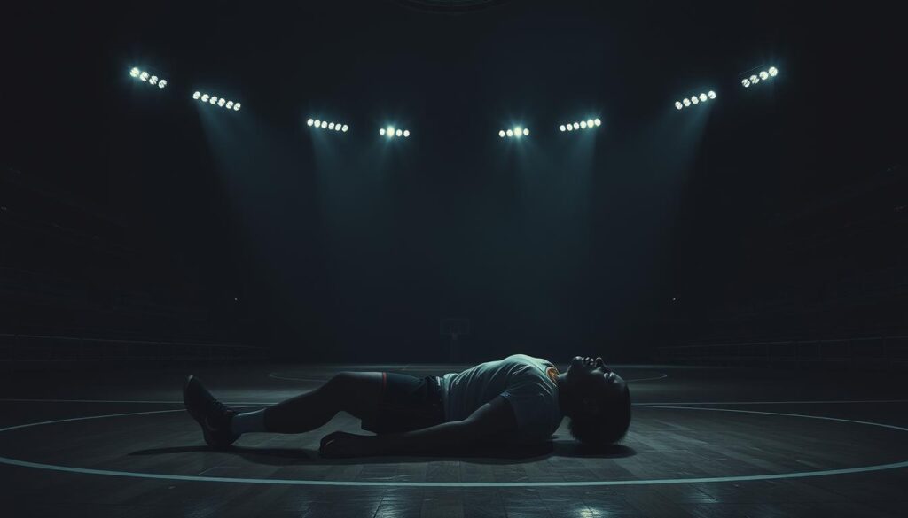 A dimly lit sports arena, shadows creeping across the empty stands. In the center, a lone figure lies crumpled on the court, a shattered dream in their eyes. Dramatic chiaroscuro lighting casts dramatic angles, the player's form a study in contrasts - the pain and anguish of their defeat etched in every line. The air is thick with a palpable sense of tragedy, a somber, brooding atmosphere pervading the scene. The viewer is drawn into the emotional turmoil, a sense of empathy and melancholy washing over them. This is the essence of noir sports - a cautionary tale of ambition, risk, and the cost of failure.
