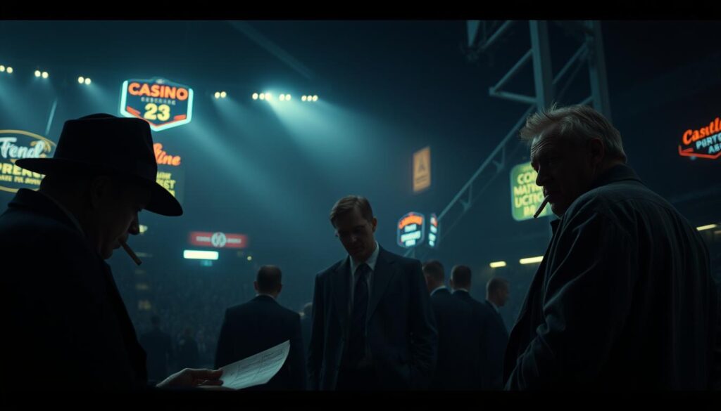 A dimly lit sports arena, shrouded in a haze of cigarette smoke and suspicion. In the foreground, a shadowy figure hunches over a betting slip, their face obscured by the brim of a fedora. The middle ground reveals a tense confrontation between a crooked team owner and a disheveled sportswriter, their expressions etched with distrust and desperation. In the background, the flickering neon signs of a seedy casino cast an ominous glow, hinting at the hidden web of corruption that binds this world together. The scene is captured with a moody, cinematic lighting, evoking the gritty aesthetic of a classic film noir. A sense of foreboding and unease permeates the atmosphere, reflecting the enduring relevance of the themes of gambling, greed, and the corrosion of integrity in the world of sports.