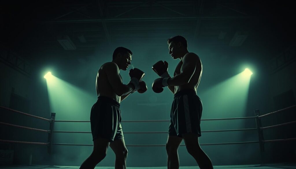 A moody, low-key lighting illuminates a boxing ring set against a backdrop of urban decay. In the foreground, two boxers - one representing a classic noir antihero, the other a modern athletic superstar - face off, their shadows casting long, foreboding silhouettes. The atmosphere is thick with tension, the air heavy with the scent of sweat and cigarette smoke. The camera angles are dramatic, capturing the combatants from low, tilted perspectives to heighten the sense of gritty, cinematic intensity. This visual juxtaposition of old and new, of shadow and light, embodies the timeless struggle between the fallen champion and the rising star, a clash of archetypes that defines the athletic experience in the world of film noir.