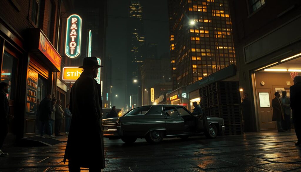 a dark and moody film noir scene set in the back alley of a crowded city, with neon signs casting an eerie glow across the damp pavement. in the foreground, a lone figure in a trenchcoat and fedora stands in the shadows, their face obscured by dramatic lighting. in the middle ground, a vintage sedan is parked beside a stack of crates, its chrome trim gleaming under the flickering streetlights. in the background, the towering silhouettes of skyscrapers loom overhead, their windows casting a grid of yellow light against the inky black sky. the scene exudes a sense of mystery, danger, and a touch of melancholy, capturing the essence of a classic noir film.
