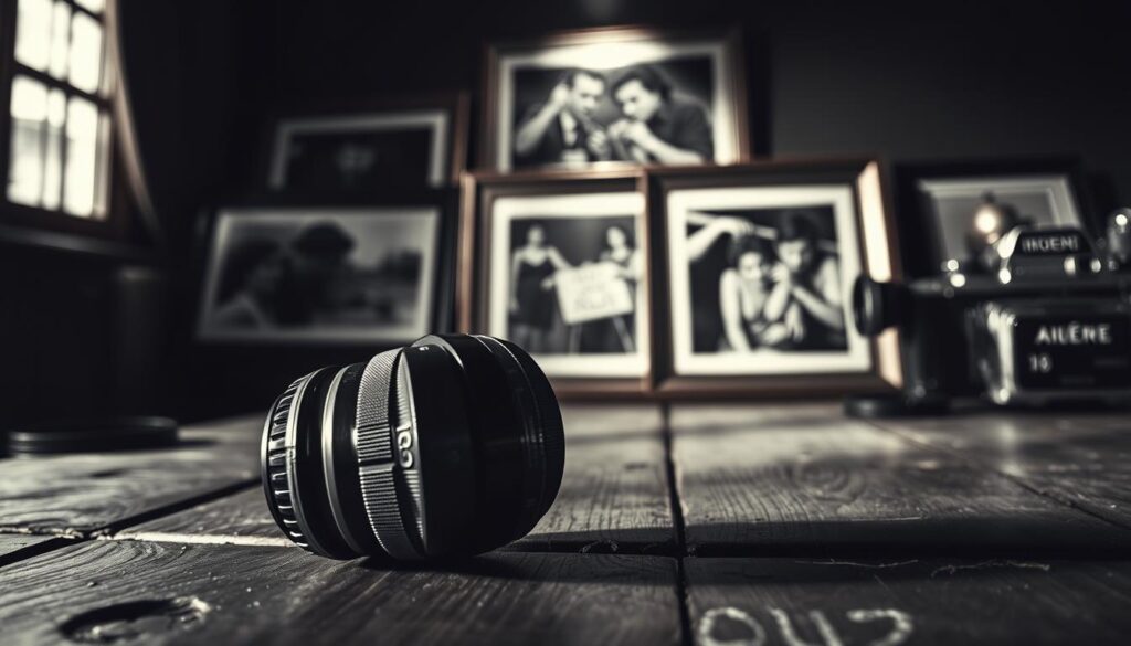 A detailed composition showcasing a monochrome cinematography lens choices case study. In the foreground, a vintage cinematography lens rests on an old wooden table, highlighted with soft, diffused lighting to emphasize its intricate details. The middle ground features iconic stills from “Raging Bull” and “The Battle of the Sexes” displayed as black-and-white images in elegant frames, evoking a sense of nostalgia and artistic flair. In the background, a blurred film reel and a classic camera suggest the artistry of filmmaking. The mood is dramatic and sophisticated, with contrasting shadows and highlights enhancing the ambiance, reflecting how monochrome choices shape the emotional landscape of film. Use a slightly low angle to convey depth and importance in the composition.