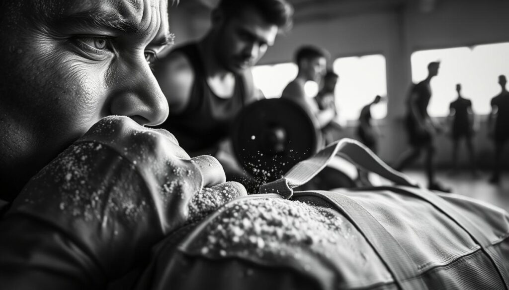 A dynamic sports scene showcasing the raw energy of athletes in monochrome, highlighting high contrast textures. In the foreground, a close-up of sweat glistening on a determined athlete’s brow, emphasizing the struggle. The middle ground features a chalk-covered hand gripping a weight, with visible chalk dust particles glistening in the light. A worn canvas training bag rests nearby, contrasting with the gritty textures of the gym environment. The background, softly blurred, includes silhouettes of other athletes in action, creating a sense of movement. Dramatic lighting casts deep shadows and bright highlights, enhancing the mood of intensity and focus. The image is framed with a cinematic angle that captures the essence of sports dedication. This monochrome composition evokes a timeless and powerful atmosphere.