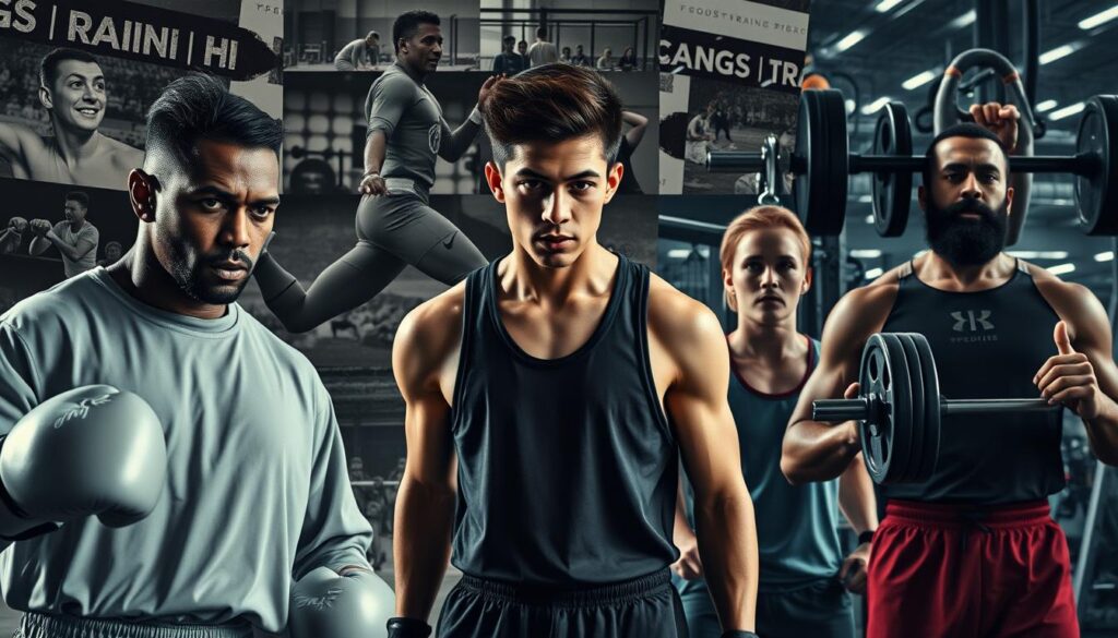 A cinematic montage depicting the evolution of sports training techniques through iconic scenes. In the foreground, a diverse group of athletes in professional training gear, including a boxer, a runner, and a weightlifter, showcasing intense focus and determination. The middle ground features a layered collage of training scenes, from vintage black-and-white newsreels of athletes performing drills to modern high-energy training sessions with advanced equipment. The background transitions from grainy retro footage style to vibrant, high-definition scenes, symbolizing progression over time. Use dramatic lighting to create a moody atmosphere, with shadows highlighting the athletes' expressions. A dynamically angled shot mimics the feel of a fast-paced montage, capturing movement and intensity without text or logos.