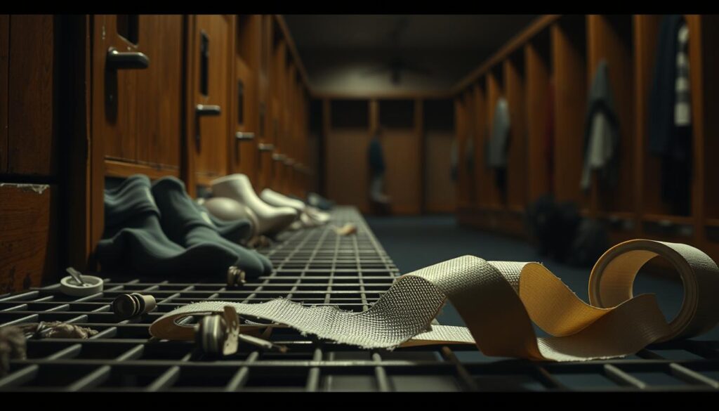 A close-up view of a gritty, dimly lit locker room, capturing the textures that represent sound design in film. The foreground features a row of worn lockers, with various items scattered on the metal shelves—snaps from jerseys, tightly coiled tape rolls, and an open roll of athletic socks. In the middle ground, focus on the subtle details of tape being torn, with jagged edges glistening under a soft, diffused light that casts dramatic shadows. The background showcases shadowy silhouettes and faintly visible training equipment, adding depth to the atmosphere. The lighting is moody, emphasizing the contrast between the warm tones of the wood and the cold steel lockers. The overall mood is tense and atmospheric, reflecting the immersive soundscapes often found in sports noir films.