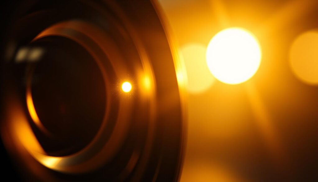 A close-up view of a spherical lens texture, showcasing intricate post-production effects such as grain and halation. In the foreground, focus on a glossy lens surface with subtle reflections and light distortions that create a glowing halo effect. The middle ground features a soft bokeh from blurred out-of-focus elements, enhancing the vintage aesthetic. The background should include hints of grainy textures, resembling old film stock, with warm colors and a slightly faded look to evoke a retro sports mood. Use dramatic, diffused lighting that accentuates the lens details and creates a dreamy atmosphere, reminiscent of classic photography techniques. The overall composition should radiate a sense of nostalgia and craftsmanship.