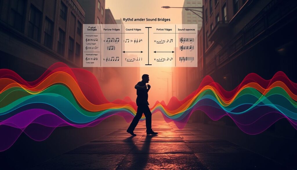 A detailed editorial rhythm sound design diagram, illustrating the concept of sound bridges connecting punches to memory. In the foreground, a series of abstract sound waves in vibrant colors, flowing from a central figure representing a dramatic punch. The middle section features layered diagrams with arrows and musical notations highlighting transitions between different soundscapes, while in the background, a muted, dynamic urban setting evokes an ambiance of tension and suspense. Utilize dramatic lighting that creates high contrast, with a focus on the sound waves, employing a wide-angle lens to capture depth. The overall mood is intense and thought-provoking, inviting viewers to consider the emotional connections between sound and memory in dramatic performances.