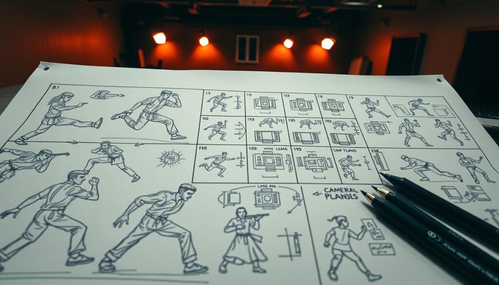 A detailed storyboard layout filled with dynamic sketches illustrating choreographed fights, capturing characters in various action poses. The foreground showcases close-up views of character movements, like a protagonist executing a powerful kick. In the middle ground, a grid of camera angles and lens plans outlines strategic filming positions, with arrows indicating movement and transitions. The background features a softly lit rehearsal space, with dim lights casting dramatic shadows. The atmosphere is tense yet creative, reflecting the meticulous planning involved in staging intense scenes. The entire composition emphasizes the interplay of visuals and camera techniques essential for moody drama, with an emphasis on professional artist tools like markers and rulers set meticulously around the storyboard.