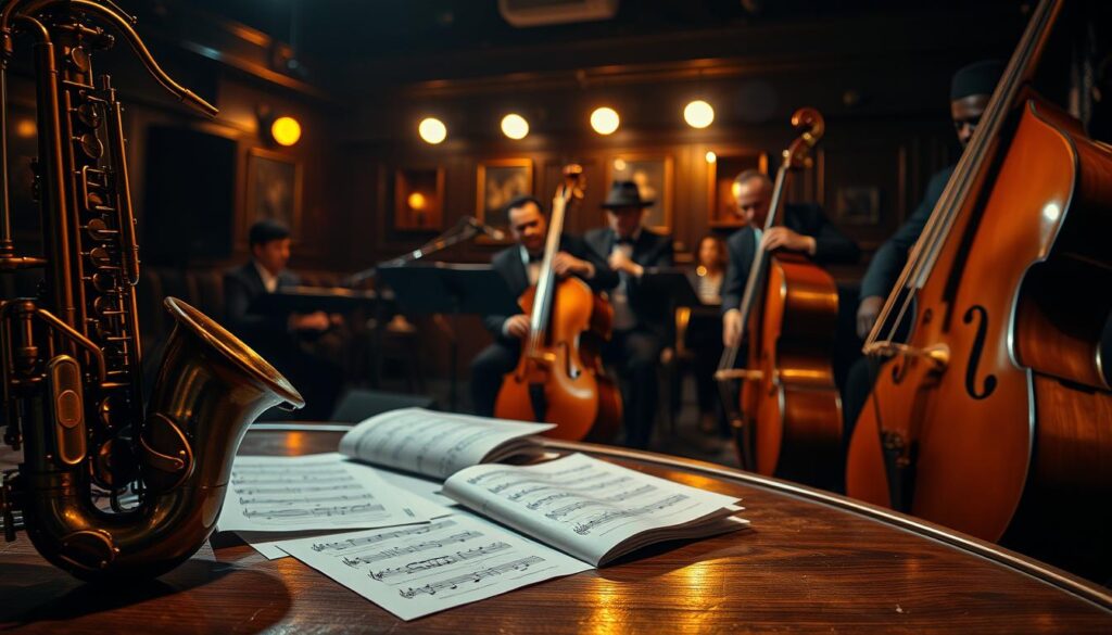 A dimly lit jazz club scene, featuring a close-up of vintage instruments like a saxophone, trumpet, and double bass placed on a polished wooden stage. In the foreground, a soft spotlight highlights scattered sheet music, adding a sense of intimacy and urgency. The middle ground shows a small ensemble of musicians dressed in sharp, classic suits playing passionately, their faces illuminated by warm, moody lighting that emphasizes shadows and depth. In the background, blurred silhouettes of an audience create an atmosphere of intrigue. The overall ambiance evokes a sense of suspense and nostalgia, influenced by noir film aesthetics, with deep blue and muted gold tones enriching the scene, reminiscent of classic jazz films. The image captures the emotional weight and complexity of jazz noir instrumentation in film scores.