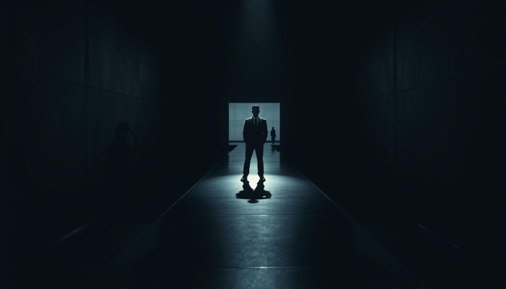A dramatic chiaroscuro scene featuring a sleek, reflective catwalk leading into a dimly lit tunnel, surrounded by shadows. In the foreground, a spotlight illuminates a figure dressed in elegant business attire, poised confidently on the catwalk. The middle ground reveals textured walls casting elongated shadows and deep contrasts, enhancing the mysterious atmosphere. In the background, a faint vignette effect subtly draws the eye towards the depth of the tunnel, where dimly visible silhouettes hint at the edges of an expansive space. Soft, ambient lighting bathes the scene, creating a moody and atmospheric interplay of light and dark. The overall composition exudes tension and intrigue, perfect for a noir setting.