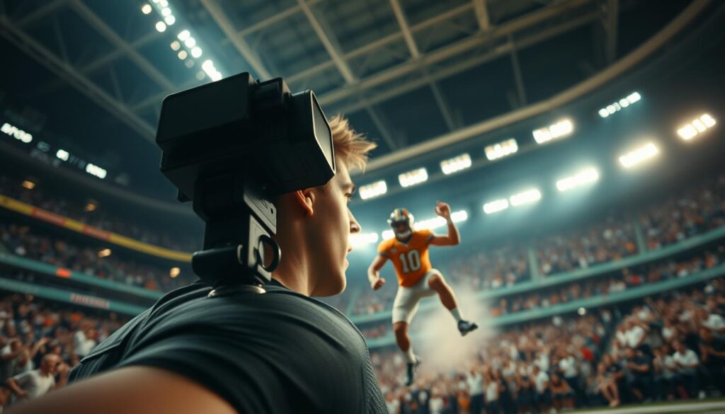 A dynamic scene showcasing the film language of immersive camera techniques in sports cinema, featuring a close-up in the foreground of a shoulder cam mounted on an athlete, capturing their intense focus. In the middle ground, the athlete performs a thrilling action move, their attire reflecting professional sports gear, showing determination and athleticism. In the background, a blurred stadium filled with cheering fans creates an energetic atmosphere, illuminated by dramatic overhead lighting that casts shadows for depth. The angle emphasizes the point-of-view perspective, enhancing the immersive experience, while a warm color palette adds a moody, cinematic feel, evoking the essence of neo-noir aesthetics in sports storytelling.