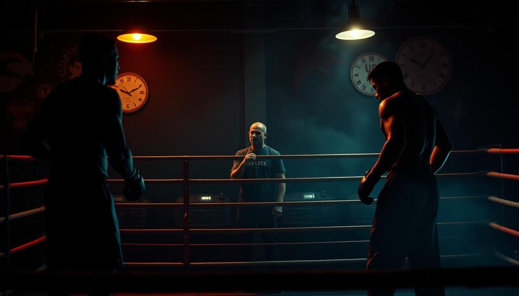 A dynamic sports case study scene showcasing a dimly lit gym reminiscent of classic noir cinema. In the foreground, a boxing ring illuminated by dramatic chiaroscuro lighting, casting deep shadows and bright highlights on the fighters wearing modest athletic gear. The middle ground features a tense coach analyzing a fight, framed by dark, moody elements that heighten the sense of anticipation. The background reveals silhouettes of iconic sports memorabilia, adding depth without distracting from the main subjects. The atmosphere is intense and gritty, with a 35mm lens perspective capturing the details in atmospheric smoke and low-key lighting, evoking a sense of nostalgia and deep emotional engagement reminiscent of "Raging Bull," "Foxcatcher," and "Creed."