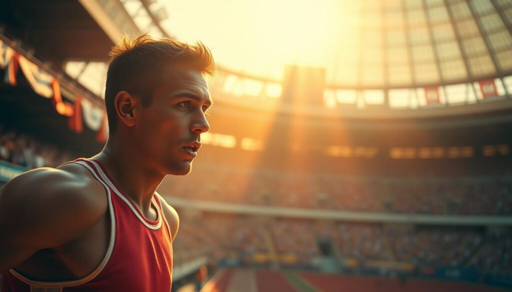 A dynamic sports scene featuring an athlete in mid-action, surrounded by a soft diffusion filter effect that enhances the retro aesthetic. The focus is on the athlete, capturing sweat glistening on their brow, symbolizing intensity and effort. The middle ground includes blurred, cheering fans, and colorful banners, creating a vibrant but slightly softened atmosphere. The background reveals a stadium bathed in warm, golden hour sunlight, casting long shadows and enhancing the nostalgic mood. The image should utilize a shallow depth of field to emphasize the subject while incorporating light streaks and bokeh effects around the athlete. The overall tone is energetic yet nostalgic, evoking the classic feel of vintage sports footage.