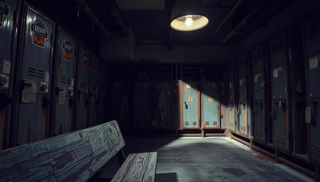 A gritty, dimly lit sports locker room exuding an atmosphere of rust and decay. In the foreground, a weathered wooden bench is adorned with peeling paint, surrounded by metal lockers with flaking old logos and faded tape. Water stains drip down the walls, reflecting years of neglect. The middle ground reveals rusty hooks and brown, corroded pipes, with shadows casting dramatic shapes on the concrete floor. In the background, a flickering fluorescent light hangs from the ceiling, its harsh glow illuminating the muted colors of the metal and wood textures. The overall mood is somber and nostalgic, capturing the essence of aging and patina, perfect for a sports noir setting. Use a low-angle shot to emphasize depth and immerse the viewer in the decay.