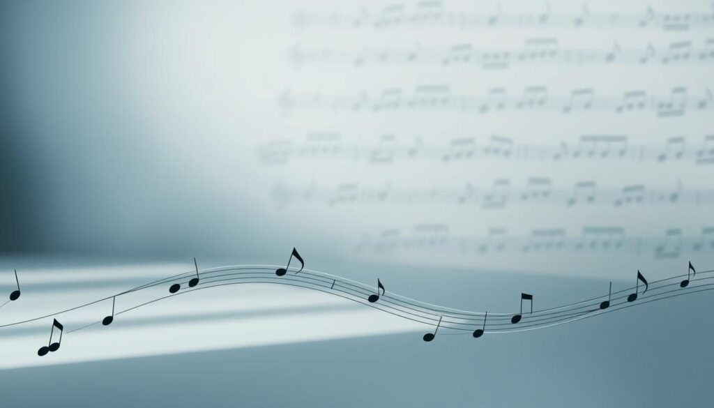 A minimalist score training sequence rhythm, visually represented through abstract shapes and lines evoking repetition and simplicity. In the foreground, rhythmic patterns of minimalist musical notes and geometric shapes flow smoothly, symbolizing a sequence. The middle ground features a subtle blend of muted colors, like deep blues and grays, to create a calming yet focused atmosphere. The background is a soft gradient, resembling blurred notes on a music sheet, enhancing the sense of depth. Soft, diffused lighting bathes the scene, casting gentle shadows that add dimension without distraction. The overall mood is introspective and serene, encapsulating the essence of minimalist music used in training sequences, perfect for illustration in a composed and professional manner.