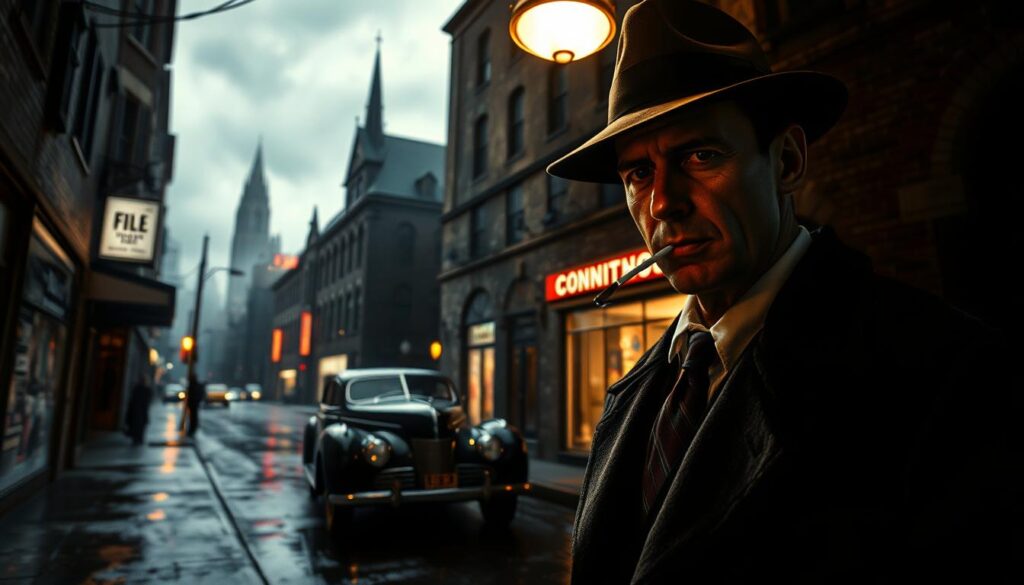 A moody 1940s film noir scene set in a dimly lit, smoky urban alley. In the foreground, a sharply dressed private detective in a fedora stands with a cigarette, exuding an air of mystery. His expression is serious, illuminated by the stark contrast of a nearby streetlamp's light. In the middle ground, a classic vintage car is parked under the shadow of an old brick building with rain-soaked streets reflecting the glow of neon signs. The background features a misty city skyline, with gothic architecture and towering silhouettes under a brooding sky. The overall atmosphere is tense and suspenseful, conveying the essence of classic film noir with dramatic chiaroscuro lighting, shot from a low angle to enhance the sense of intrigue and depth.