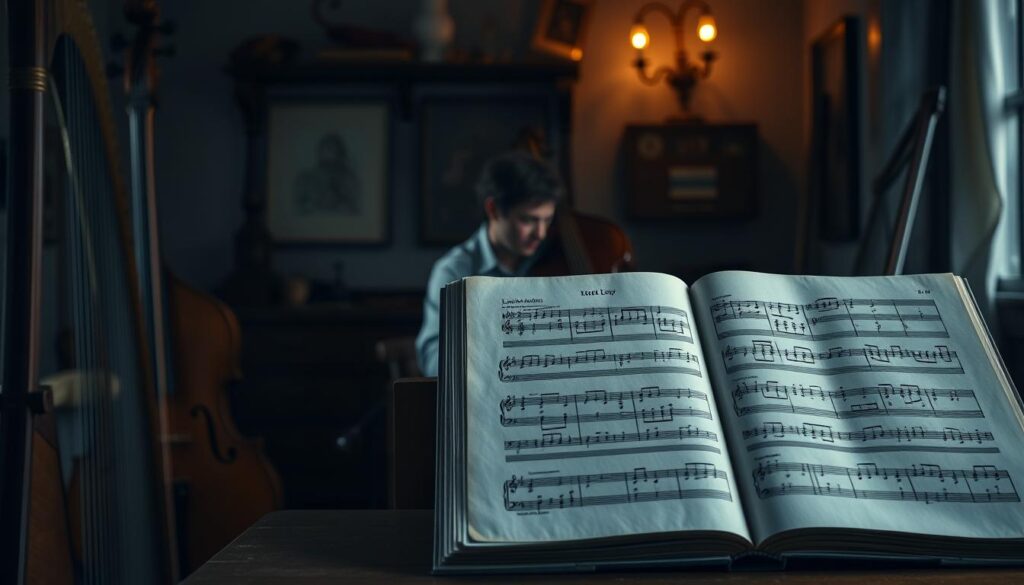 A serene and artistic interpretation of "leitmotif" set in a cozy, dimly lit room filled with period instruments such as a harpsichord, viola da gamba, and wooden flutes. In the foreground, an open sheet of music displays a simple melody with musical notes gracefully flowing upwards, representing the concept of a motif. In the middle, a musician in modest casual clothing is engaged in playing the harpsichord, with an expression of focus and inspiration. The background features soft, ambient lighting that casts gentle shadows, enhancing a feeling of tranquility and creativity. Subtle reverb effects ripple visually through the air, suggesting sound and atmosphere immerse the entire scene, encapsulating music's emotional power.