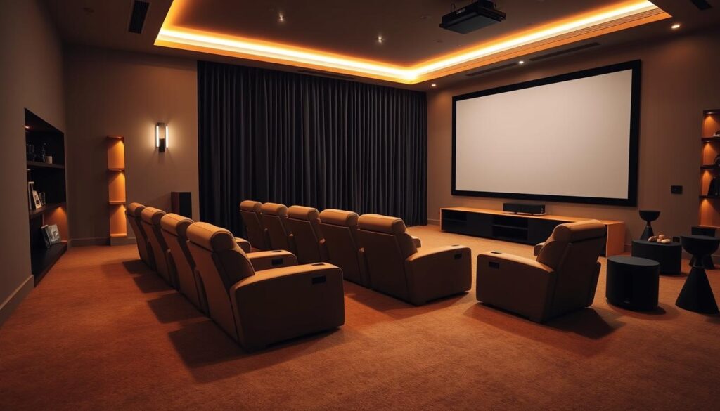 A stylish home theater room setup featuring a large screen projector at one end, with comfortable reclining chairs arranged in a cozy semicircle. Soft bias lighting lines the walls and shelves, emitting a warm glow that enhances the mood without overwhelming the scene. In the foreground, a plush carpet invites viewers in, while in the background, dark curtains block out external light. The room is well-organized, with a minimalist design that emphasizes technology—like a sleek sound system and a neatly arranged media console. The atmosphere is intimate and inviting, perfect for enjoying a cinematic experience. Use a wide-angle lens for a spacious effect and soft focus to emphasize the ambiance of controlled lighting. The overall mood is serene, encouraging relaxation and focus on the screen.