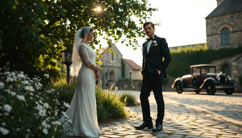 A vintage wedding scene styled like archival photographs, featuring a bride and groom in classic 1920s attire. In the foreground, the couple stands on a cobblestone path, surrounded by lush greenery and delicate wildflowers. The bride wears an elegant lace gown with a vintage veil, while the groom is in a sharp black tuxedo. In the middle ground, soft sunlight filters through the leaves, creating dappled shadows that enhance the nostalgic feel. The background showcases a charming old-fashioned venue, like a stone chapel or a vintage car, under a pale blue sky. The overall atmosphere conveys warmth and timeless romance, reminiscent of an old film reel, with a subtle grain effect to mimic archival quality, captured at a slightly angled perspective with a soft focus.