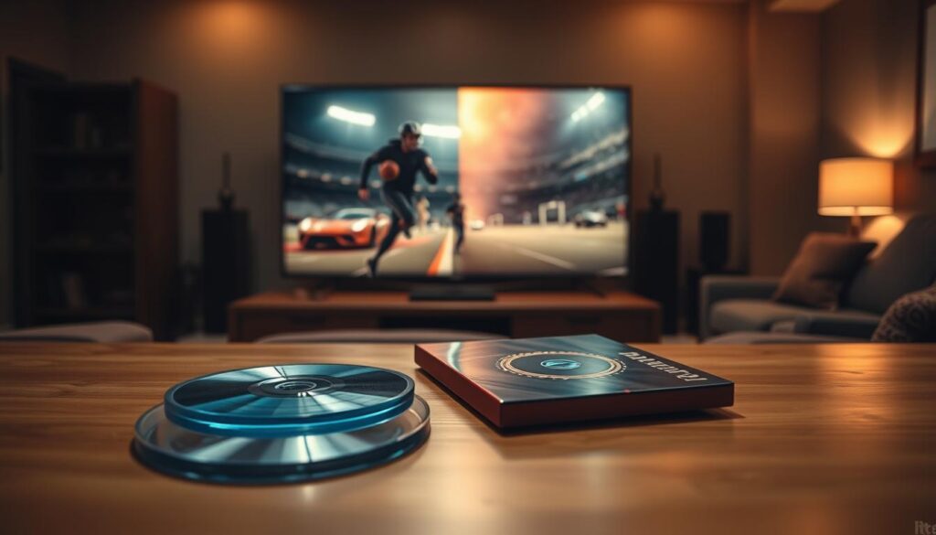 A visually striking comparison image illustrating "physical media vs streaming quality." In the foreground, a shiny Blu-ray disc and an elegantly designed DVD case sit on a polished wooden surface, reflecting soft light. The middle layer features a large, flat-screen TV displaying a scene from a moody sports film in vibrant colors on one side, while the other side displays pixelation and slight blur, signifying streaming quality. In the background, a cozy home theater setup with plush seating and dim, atmospheric lighting creates an inviting ambiance. Utilize a shallow depth of field to draw attention to the foreground items, and employ warm, intimate lighting to enhance the cinematic feel. The overall mood should evoke nostalgia for physical media's superior quality.