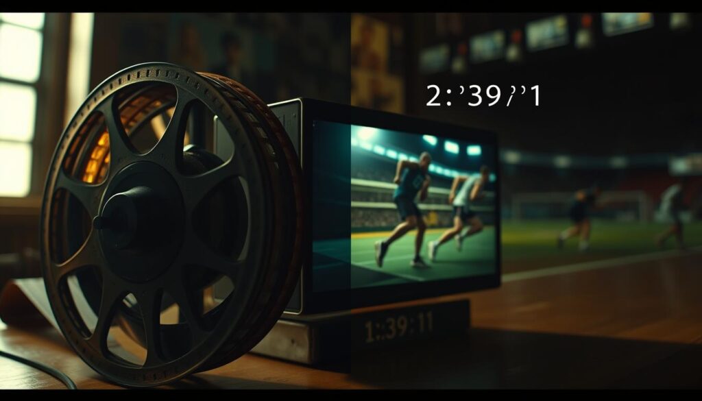 A visually striking image illustrating the concept of aspect ratios in film, featuring a side-by-side comparison of 1.33:1 and 2.39:1 aspect ratios. In the foreground, an old film reel, intricately detailed, represents the 1.33:1 ratio, with a grainy texture showcasing archival footage. The middle layer displays a vibrant digital screen with the 2.39:1 aspect ratio, glowing with modern sports noir imagery, capturing intense, shadowy scenes of athletes in motion. The background consists of a blurred montage of vintage film stills merging into contemporary sports aesthetics, creating layers of memory. The lighting is dramatic, casting deep shadows and soft highlights to evoke nostalgia and depth. The angle is slightly tilted, adding a dynamic feel to the composition, enhancing the tension between past and present.