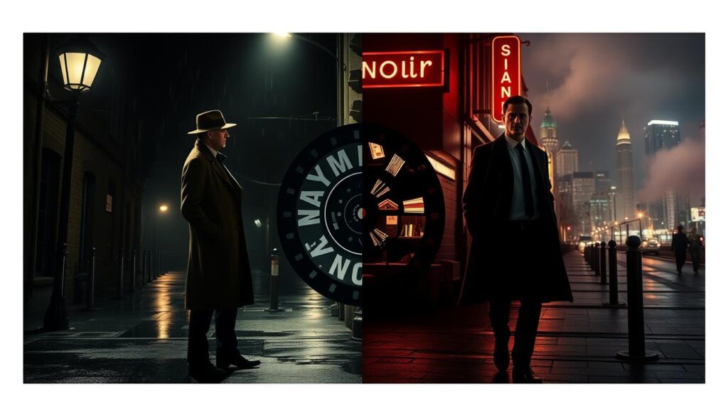 A visually striking representation of the evolution of film noir, showcasing a split scene that transitions from classic to modern styles. In the foreground, a classic film noir detective in a fedora and trench coat stands under a streetlamp with rain-soaked pavement reflecting soft, moody lighting. The middle section features vintage film elements like a black-and-white film reel, blending into scenes from modern noir, with a contemporary detective in sleek attire, surrounded by neon lights of a cityscape at night. The background presents a contrast of a foggy alley and a bustling urban skyline, showcasing the change in atmosphere over time. Use dramatic chiaroscuro lighting to enhance the mood, capturing the suspense and intrigue that defines film noir.